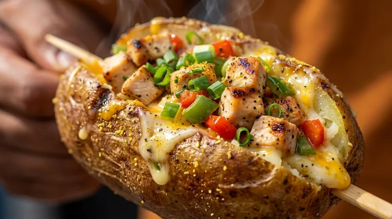 Close-up of toppings piled on a skewered potato